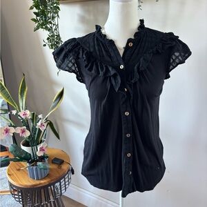 LOFT Black Ruffled Button-Up Blouse